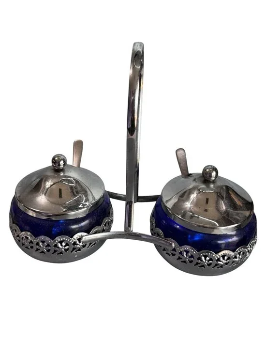 Mayell England Cobalt Blue Glass Double Condiment Jam Jar Set Silverplate 9 1/2" - Picture 2 of 7